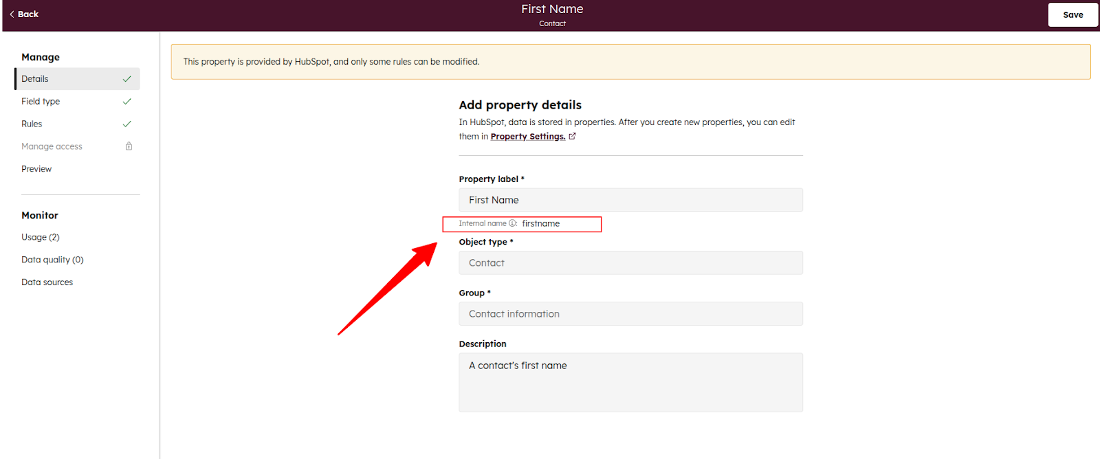 HubSpot property internal name