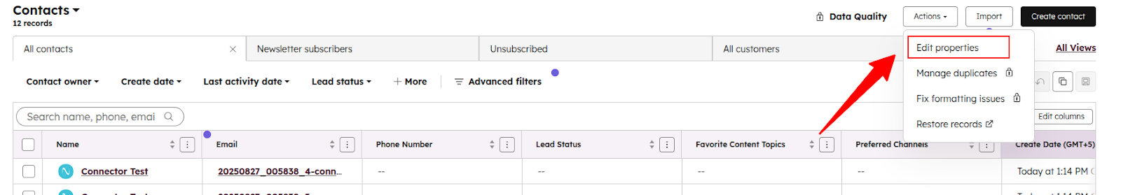 HubSpot edit properties