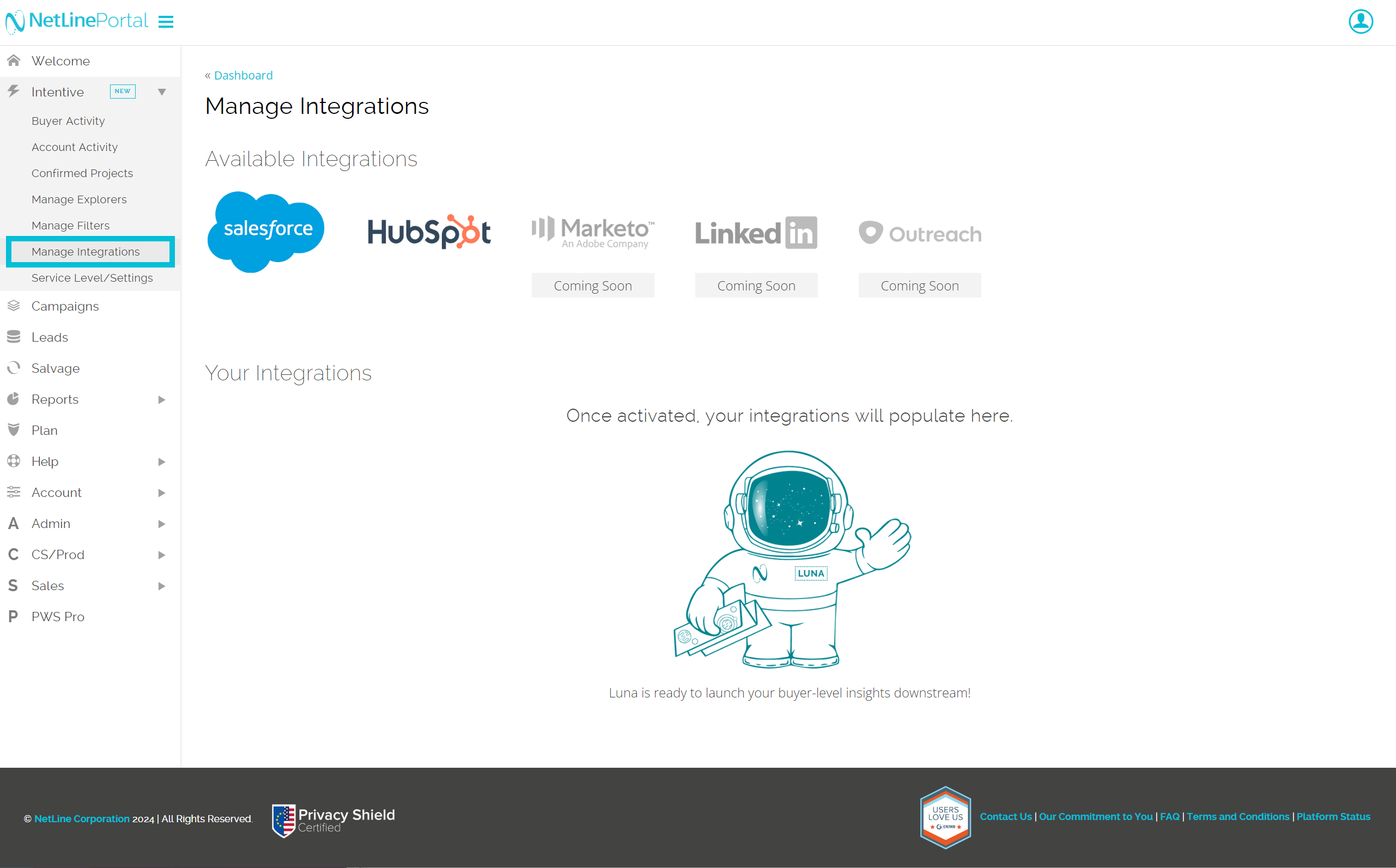 Manage integrations page